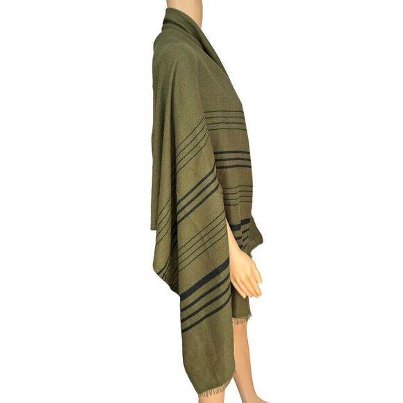 J. Crew Summerweight Cape Scarf Wrap Green Black Stripe Fringe Trim one size NWT - Picture 2 of 6